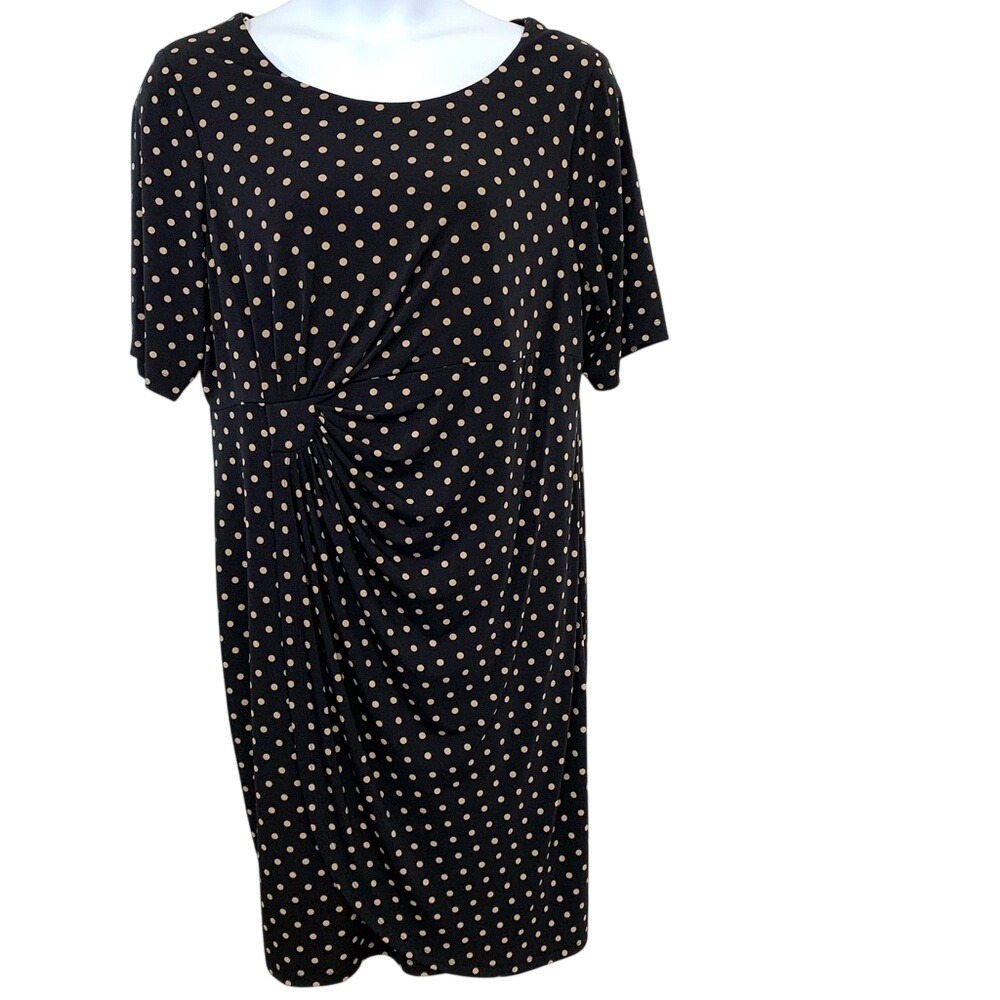 Connected  Polka Dot Ruched  Sheath Dress Black Tan Size 2X Stretch Short Sleeve
